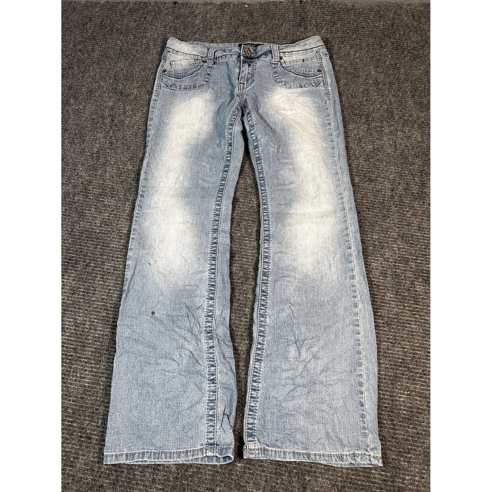 Angels Flare Jeans Womens 11 Light Blue Excellent Embroidered Back Pockets Low